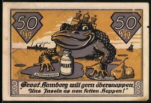 Notgeld Altenwerder 1921, 50 Pfennig, Frosch mit Altenwerder und Finkenwerder,  