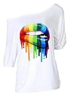 Women's Plus Size Lips Print Off Shoulder T-Shirt - White, Size 2X - Picture 1 of 4