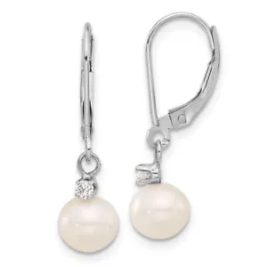 14K Solid White Gold 7mm Round Freshwater Cultured Pearl Diamond Dangle Earrings - Picture 1 of 10