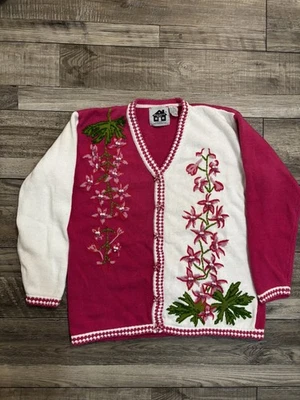  Vintage Size M Storybook Knits Pink snapdragon embroidered Beaded cardigan  - Image 1 of 4