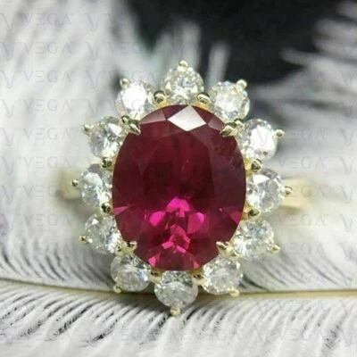 6.77Crt Oval Cut Natural Ruby & Diamond 100% 14k SOLID Yellow Gold Wedding Ring - Image 1 of 4