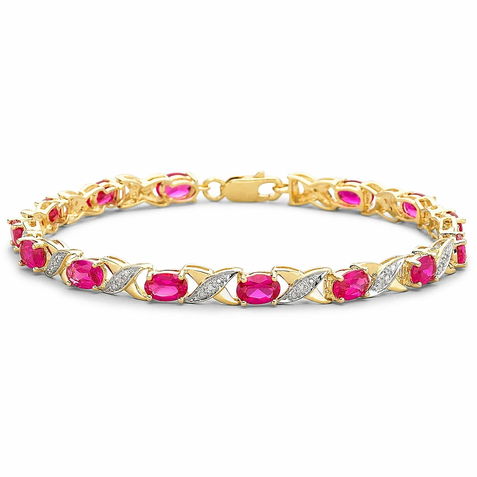 6x4mm Oval Cut Created Ruby 14k Yellow Gold Over "XO" Tennis Bracelet 7" - Image 1 of 1