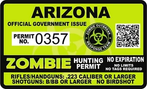 Arizona Zombie Hunting Permit Sticker Die Cut Decal USA outbreak response - Imagen 1 de 1