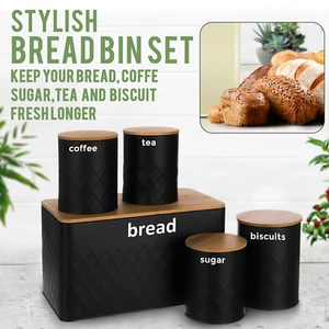 5pc Black Bread Bin Canister Set Box, Kitchen Loaf Storage + Airtight Bamboo Lid - Picture 1 of 6