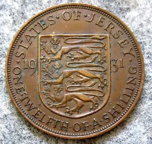 JERSEY King GEORGE V 1931 1/12 SHILLING Shield of Arms, Bronze km# 16 - Picture 1 of 6