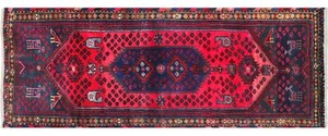 Tappeto persiano Hamedan 80x300 annodato a mano passatoia rosso motivo specchio lana c - Foto 1 di 8