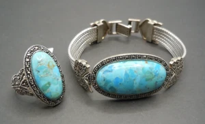 BBJ Designer Signed Sterling Silver Turquoise Marcasite Bracelet & Ring Set Sz7 - Picture 1 of 15