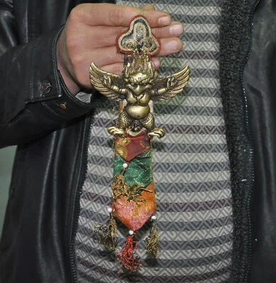old Tibet Tantra Bronze Silk Redpoll Winged Garuda Bird Exorcism Amulet Pendant - Image 1 of 4
