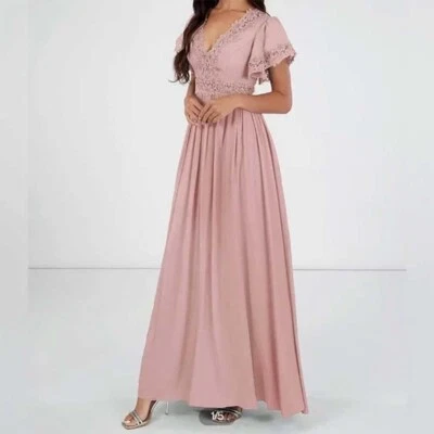 Azazie Tulum maxi dress boho crochet bridesmaids gown dusty rose flutter sleeve - Image 1 of 4