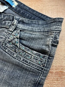 Apollo Denim Blue Jeans 9/10 Stretch Rhinestone Embellished Low Rise Flare Sz 30 - Picture 1 of 13