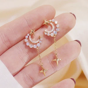 1.55 Ct Simulated Diamond Drop/Dangle Star Moon Earrings 14K Yellow Gold Finish - Picture 1 of 5