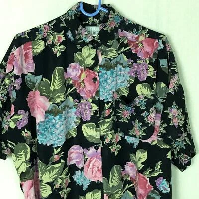 1980s At Last Studio Camp Shirt Bold Floral Black Pink Roses SS Size M Loose Fit - Image 1 of 4