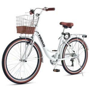 Viribus Women's Comfort Bike Step Through 66 cm 7 Speed Bicycle w/ Rattan Basket - Picture 1 of 17