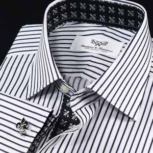 Black Stripe Unique Designed With Black Fleur-de-lis Inner Lining Business Shir - Picture 1 of 8