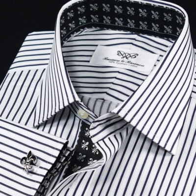 Shir de negocios a rayas negras de diseño único con forro interior de flor de lis negra Foto 1 de 4