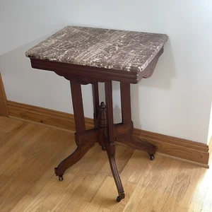 Eastlake Victorian Wood Marble Top Parlor Side Table Spoon Carvings 1880’s - Picture 1 of 21