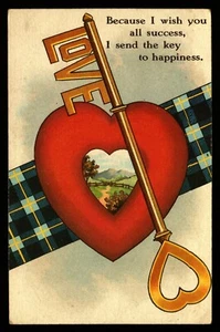 Postcard Key to Happiness Love Heart Plaid Tartan DB Christmas Valentines 1917 - Picture 1 of 2