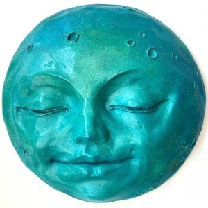Blue Green Full-Moon Folk Sculpture by Claybraven, Handmade Art, Signed - Picture 1 of 12