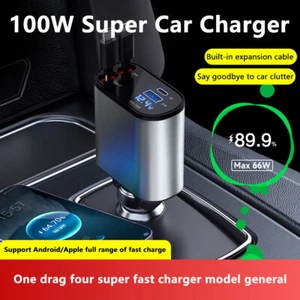4 in 1 Retractable Car Charger Cable Dual Port USB C PD Fast Charging Adapter US - Picture 1 of 22