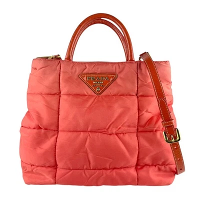 Autêntica bolsa de mão PRADA bolsa de ombro laranja nylon/couro patenteado/tom dourado - z7452 - Imagem 1 de 4