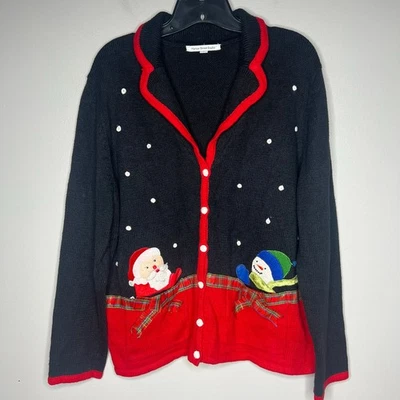Cardigã suéter feio Natal anos 90 vintage Y2K XL Papai Noel bolsos festa de férias malha - Imagem 1 de 4