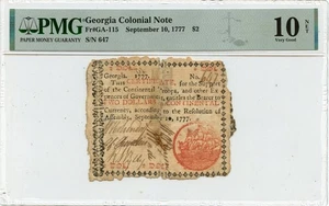 1777 September 10, $2 Georgia Colonial Note FR#GA-115 PMG VG10 11 Known - Picture 1 of 2