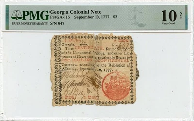1777 September 10, $2 Georgia Colonial Note FR#GA-115 PMG VG10 11 Known - Image 1 of 2