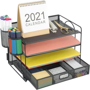 Organizador de archivos de escritorio de 4 bandejas con soporte para bolígrafo organizador de bandeja de letras de papel-negro - Imagen 1 de 6