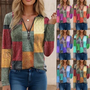 Ladies Blouse Zip V Neck Pullover Jumper Tops Casual Loose Sweatshirts Size 6-24 - Picture 1 of 16