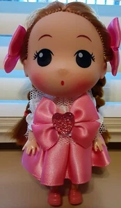 NWT Brunette Anime Girl Doll with Pigtail Braids, Bows and Pink Dress  Keychain - Picture 1 of 5