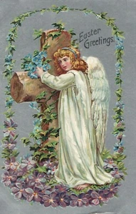 No 32 Silver Metallic Angel Hugging Cross Flowers Easter Postcard - Picture 1 of 2