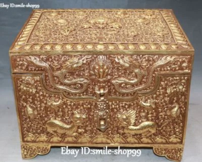 12" Tíbet Plata 24K Oro Dorado Dragón Loong Qilin Dios Bestia Caja Estuche Bin Estatua Foto 1 de 4