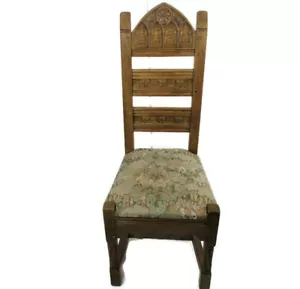 Antique Neo Gothic 1900 Chair Ornate Heavy Wood Oak Renaissance tapestry Goblin - Picture 1 of 12