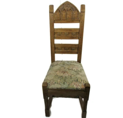 Antique Neo Gothic 1900 Chair Ornate Heavy Wood Oak Renaissance tapestry Goblin  - Image 1 of 4