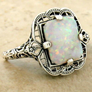 ART DECO STYLE 925 STERLING SILVER LAB-CREATED OPAL CLASSIC DESIGN RING 994X - Picture 1 of 10
