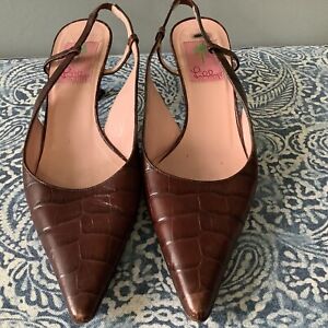 Lilly Pulitzer Womens Shoes 7 Moc Croc Brown Leather Mules Kitten Heel Italy