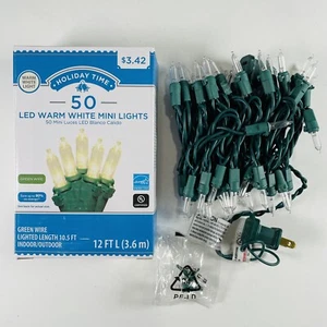 Holiday Time 50 LED Warm White Mini Lights Green Wire Length 12FT Indoor/Outdoor - Picture 1 of 6