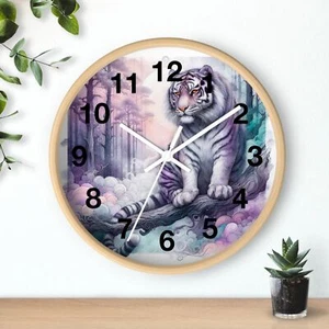 Bengel Whte Tiger Jungle Art Wall Clock Home Decor 3D Wood Frame - Picture 1 of 19