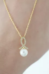 Oro Leoni 14k Yellow Gold Freshwater Pearl And Diamond Necklace 18" - Picture 1 of 10