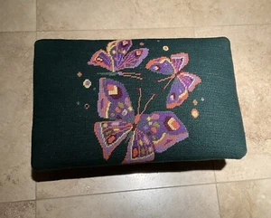 Vintage BUTTERFLY Needlepoint FOOTSTOOL Wrought Iron LEGS 18” Wide 8” HIGH - Picture 1 of 6