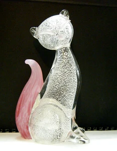 Vintage 60s Gambaro & Poggi 6" Silver Flake & Pink Glass Murano Cat Figure Italy - Picture 1 of 11