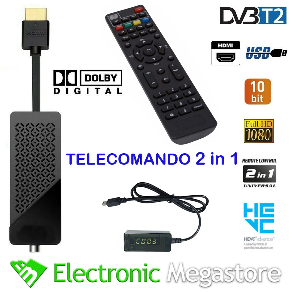 GBC Decoder Digitale Terrestre Dvb-T2 HD HDMI Hevc H265 10 bit Mini Stick Ricevitore