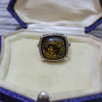 925 Sterling Silver Ring, Genuine Baltic  Amber, Olive Amber, Size i.5 US 4.5 - Image 1 of 4