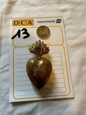 Ancien Ex Voto Cœur De Marie Laiton Doré Pendentif Reliquaire XIX Eme N13 - Photo 1/4