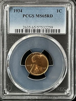 1934  1C RD Lincoln Wheat One Cent  PCGS MS65RD   57532259 - Image 1 of 2
