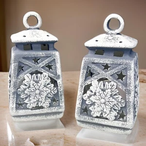 Rustic Lantern Style Snowflake Candle Holders Winter Glitter 6 1/2" Shabby Chic - Picture 1 of 10