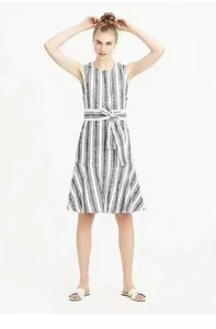 54. J. Crew $180 Belted Linen Striped Dress Size 6P Navy Tie Waist NWOT - Picture 1 of 8