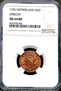 1755 Netherlands Duit - Utrecht - NGC MS 64 RB Mostly RED!  CC496 - Picture 1 of 4