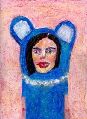 Original Bear Animal Painting Blue Fantasy Humanoid Woman Drawing Oil Pastels - Image 1 of 4