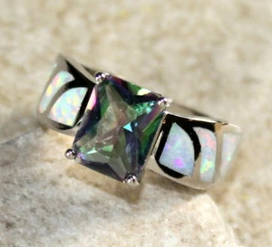 SILVER Elegant White Fire Opal & Rainbow Topaz Rectangular Ring Size 6, WR41301 - Picture 1 of 3